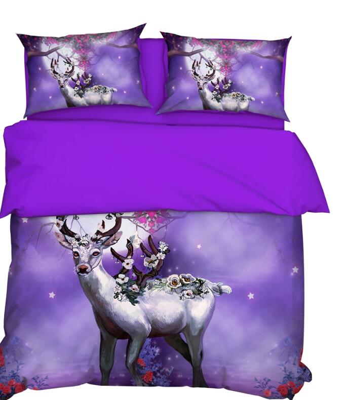 3D Flower Deer Purple 9918 Bed Pillowcases Quilt