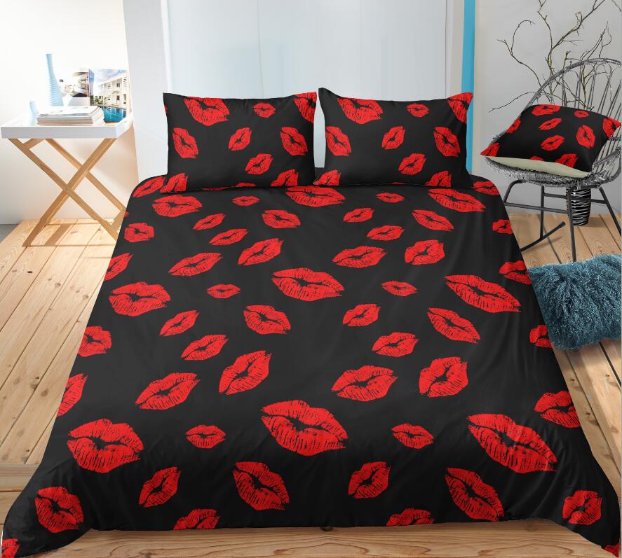 3D Red Lips On Black 6116 Bed Pillowcases Quilt