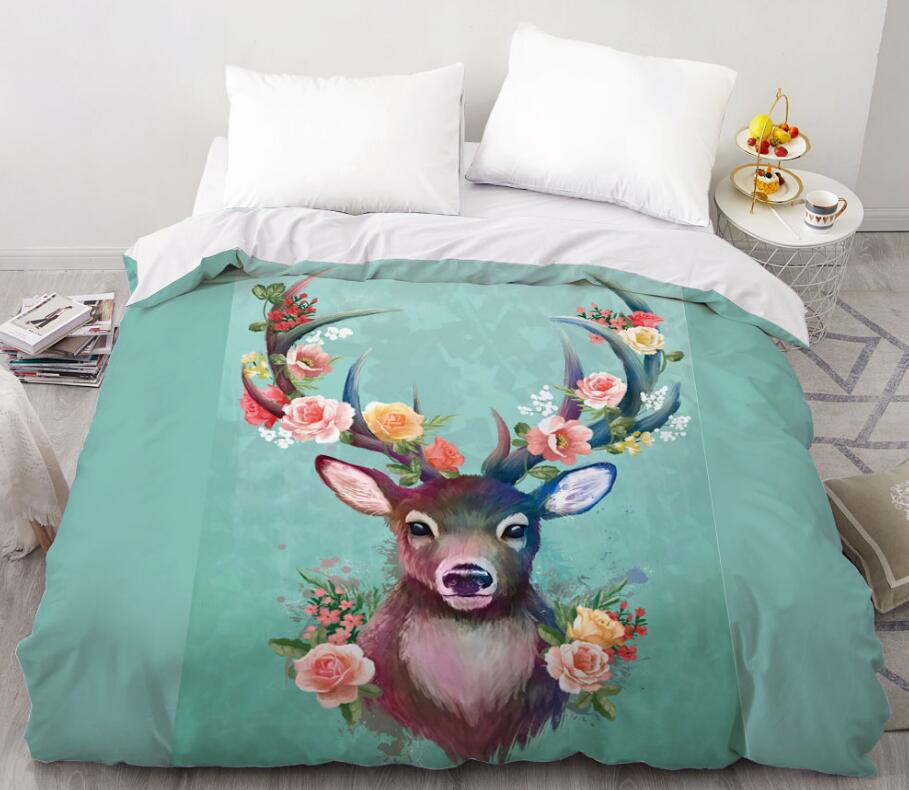 3D Deer Flower Green 99188 Bed Pillowcases Quilt
