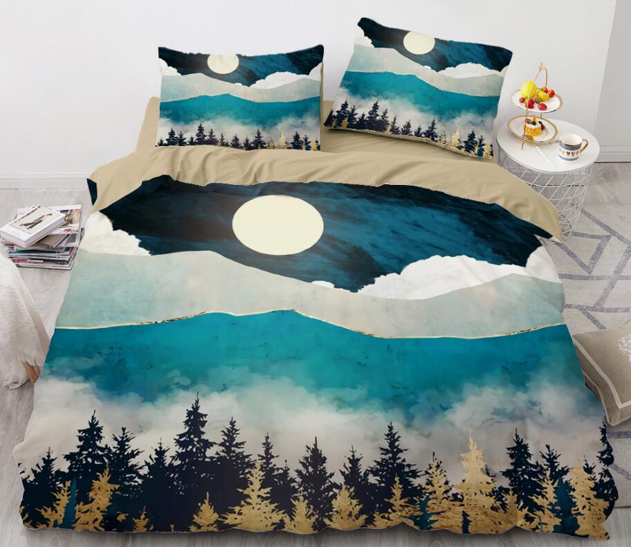 3D Forest Mountain Moon 8876 Bed Pillowcases Quilt