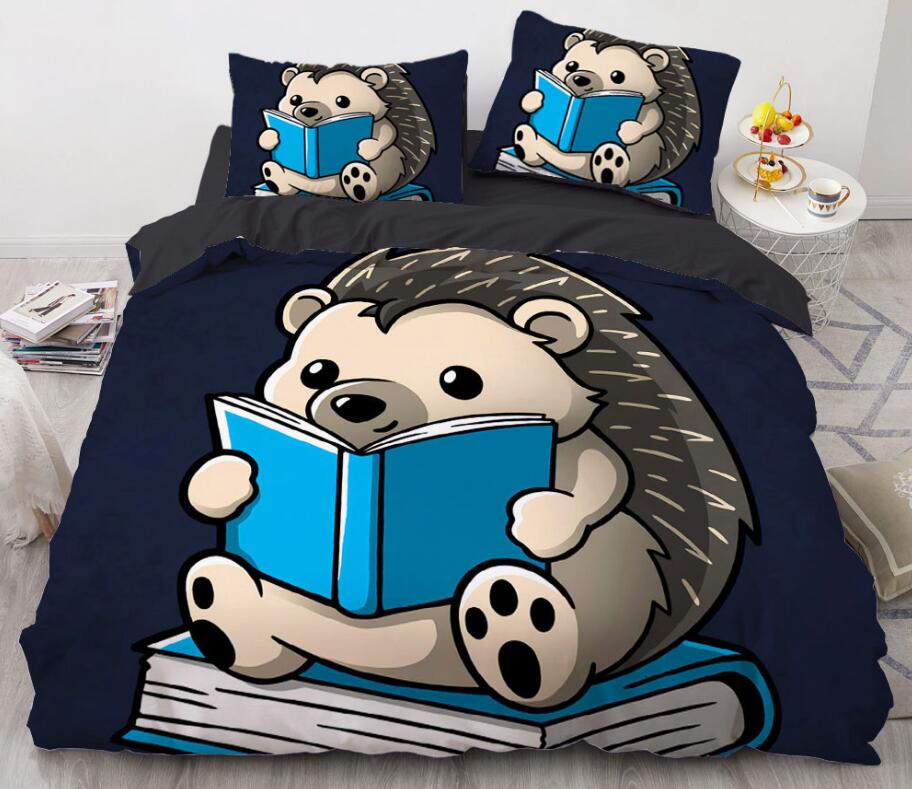 3D Cartoons Hedgehog Reading Book 8831 Bed Pillowcases Quilt