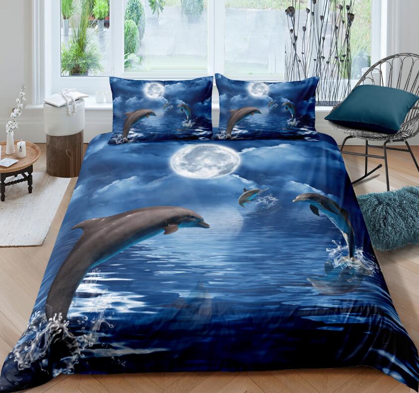 3D Dolphin Jumping Moon 8892 Bed Pillowcases Quilt