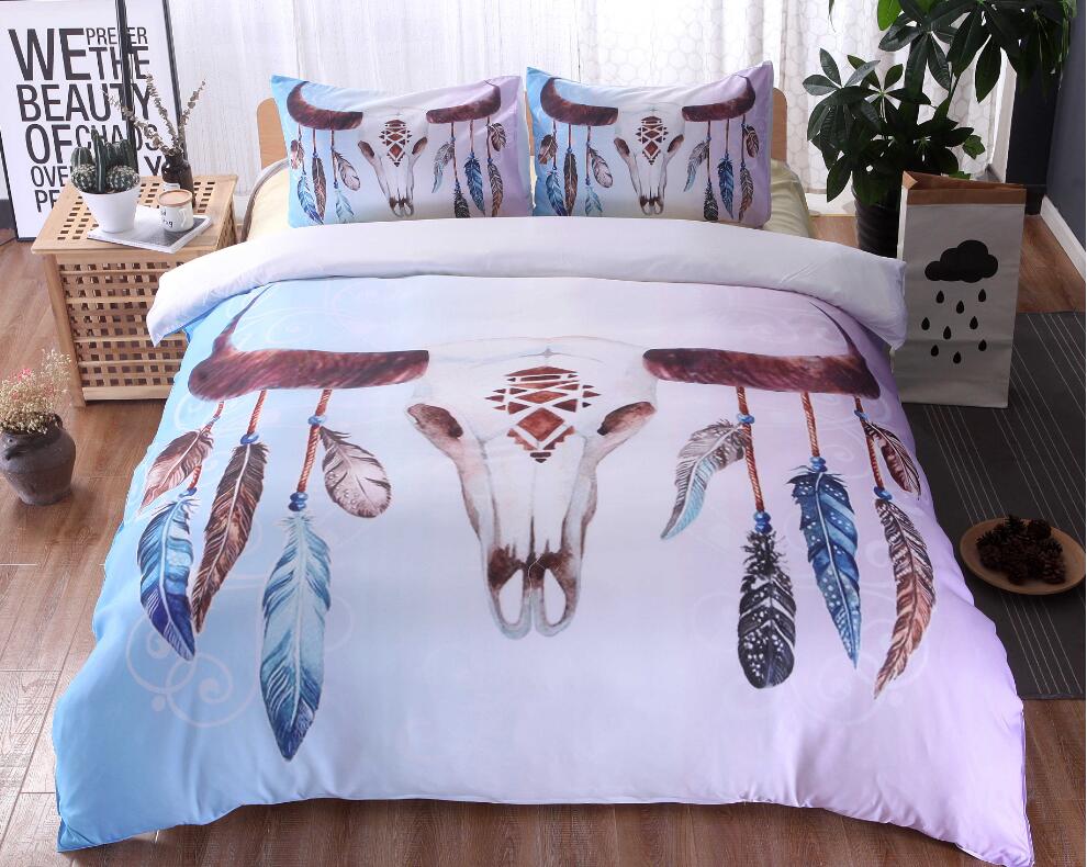 3D Deer Head Feather 9966 Bed Pillowcases Quilt