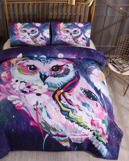 3D Purple Owl Flower 9935 Bed Pillowcases Quilt
