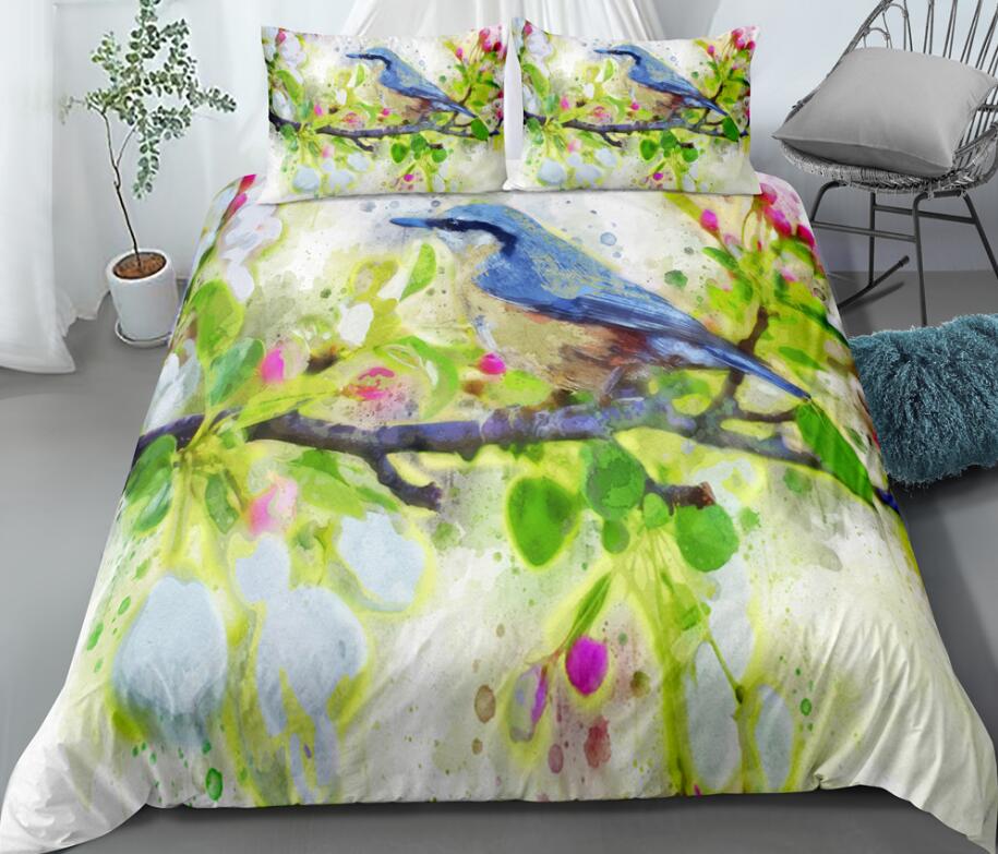 3D Sparrow Green Watercolor Branches 1112 Bed Pillowcases Quilt