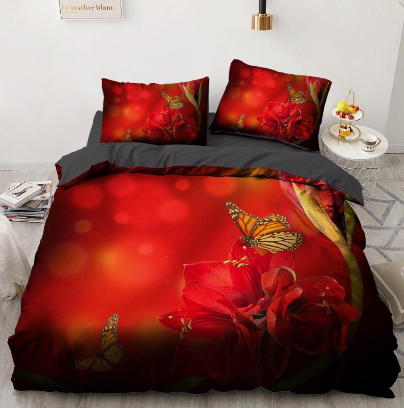 3D Red Flower Butterfly 9192 Bed Pillowcases Quilt