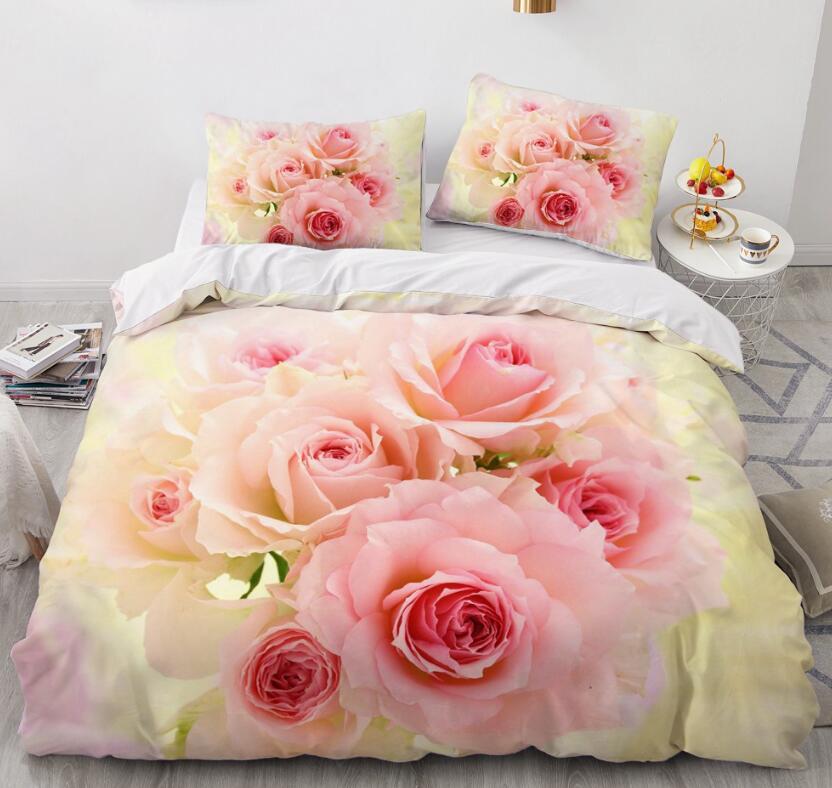 3D Yellow Pink Rose 9197 Bed Pillowcases Quilt