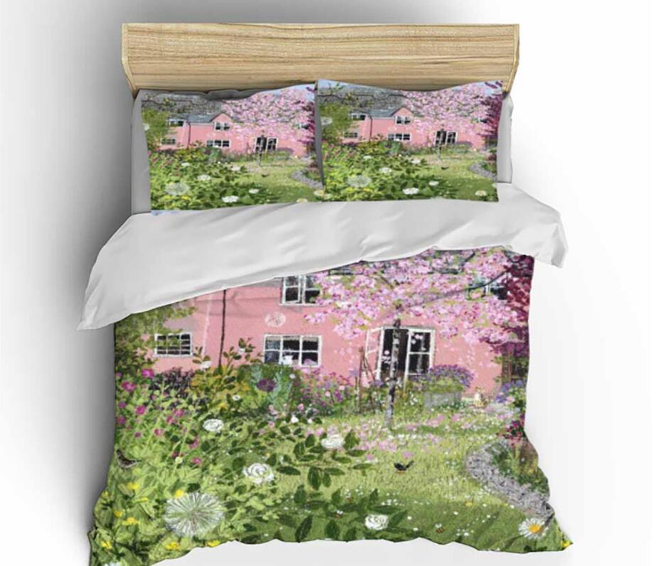 3D Pink House Grass Flower Bush 1135 Bed Pillowcases Quilt