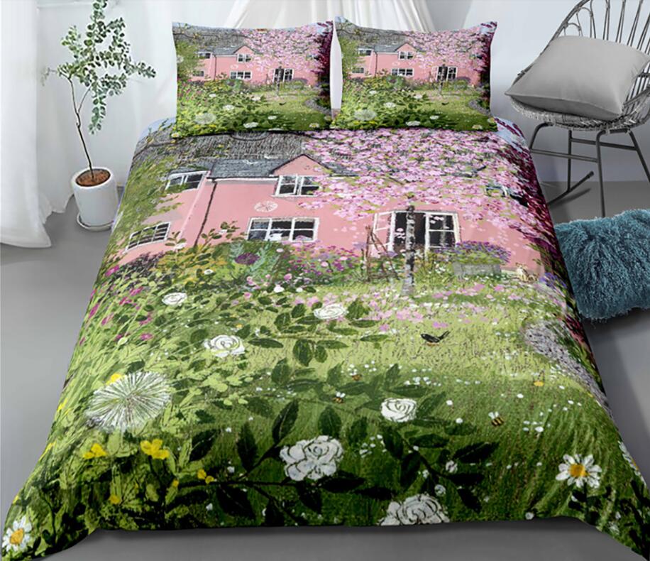 3D Pink House Grass Flower Bush 1135 Bed Pillowcases Quilt