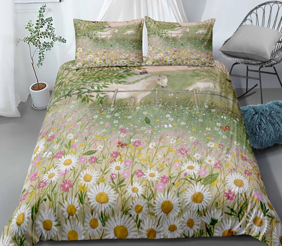 3D White Horse Little Daisy 1152 Bed Pillowcases Quilt