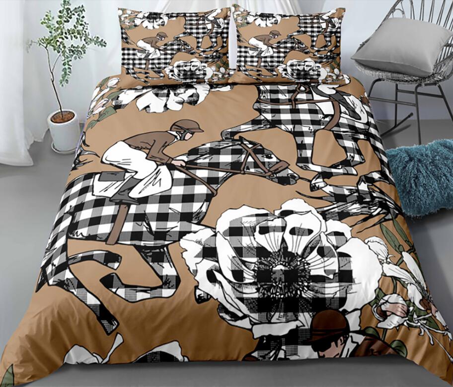 3D Black And White Grid Brown Flower 0063 Bed Pillowcases Quilt