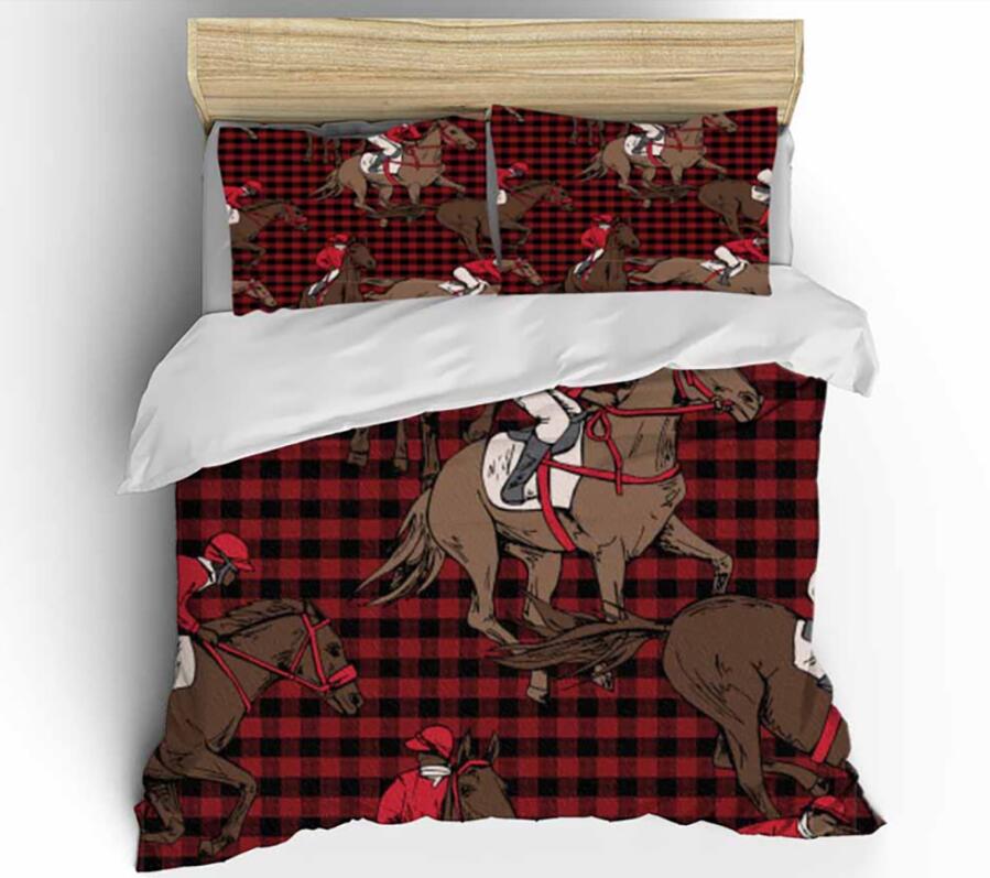 3D Horse Riding Red Plaid 1118 Bed Pillowcases Quilt