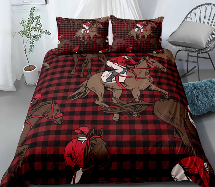 3D Horse Riding Red Plaid 1118 Bed Pillowcases Quilt