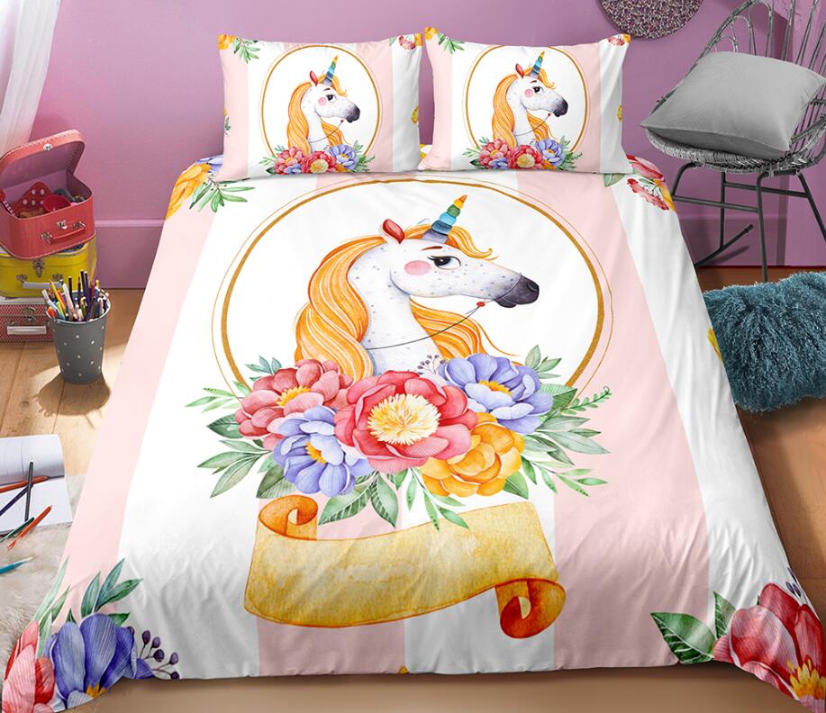 3D Unicorn Flower 007 Bed Pillowcases Quilt