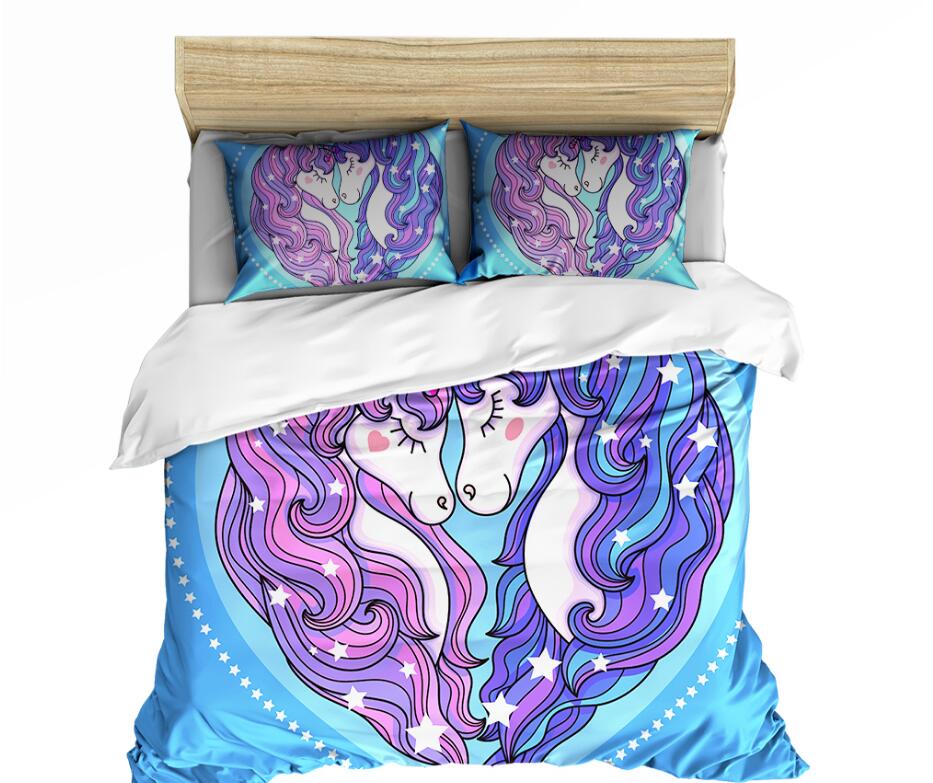 3D Love Two Unicorns Blue 0078 Bed Pillowcases Quilt