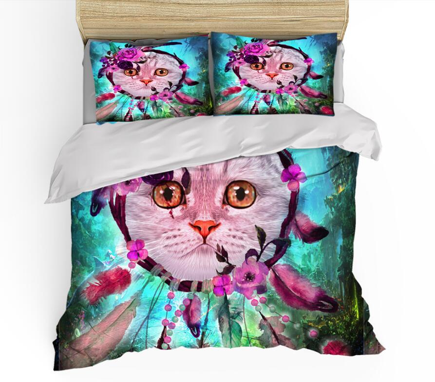 3D Cat Feather Grass 0051 Bed Pillowcases Quilt