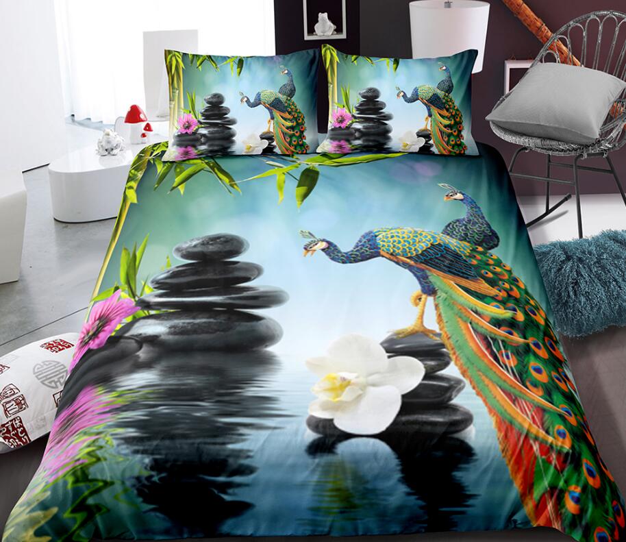 3D Water Surface Peacock Stone 0107 Bed Pillowcases Quilt