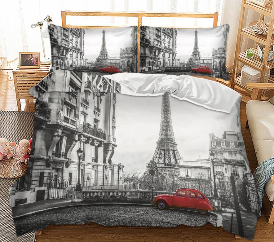 3D Eiffel Tower Red Car 1164 Bed Pillowcases Quilt