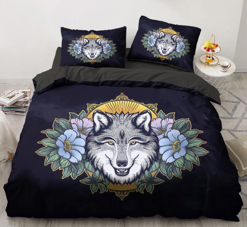 3D Wolf Head Flower 88119 Bed Pillowcases Quilt