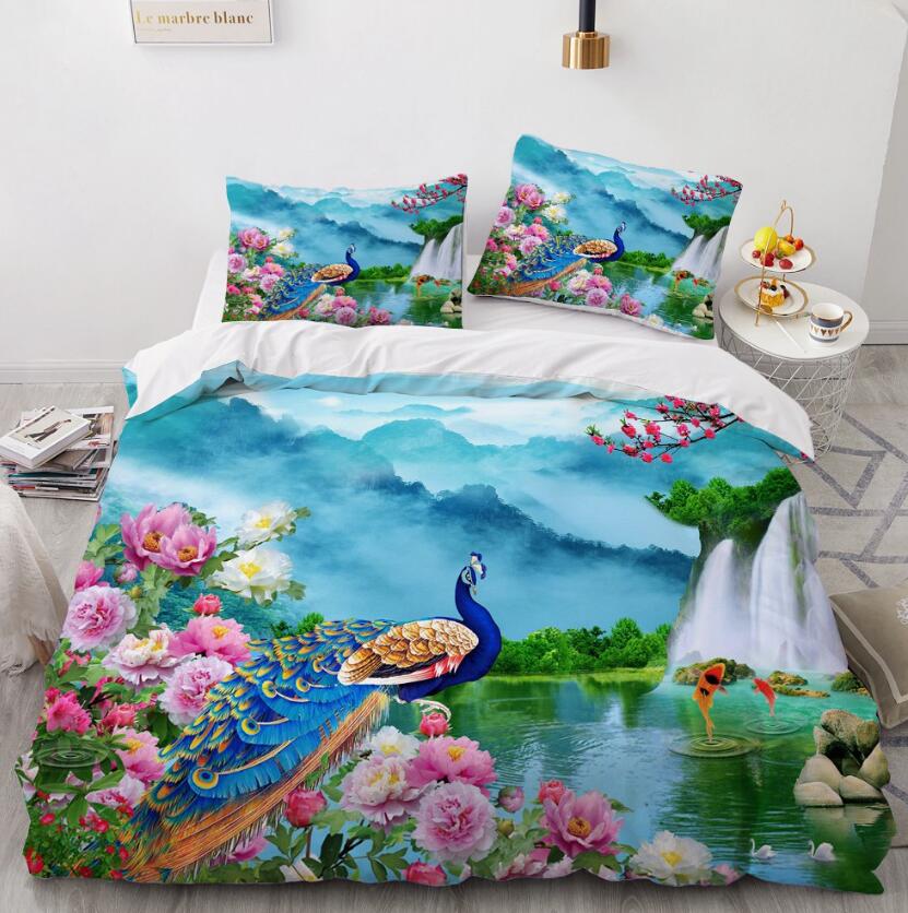 3D Peacock Flower Lake 082 Bed Pillowcases Quilt