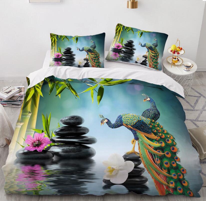 3D Peacock Bamboo Stone 083 Bed Pillowcases Quilt