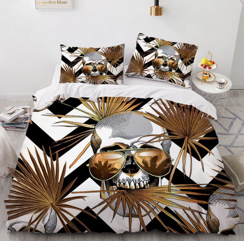 3D Skull Golden Leaf 090 Bed Pillowcases Quilt