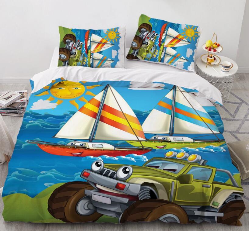 3D Cartoons Car Sailboat 040 Bed Pillowcases Quilt