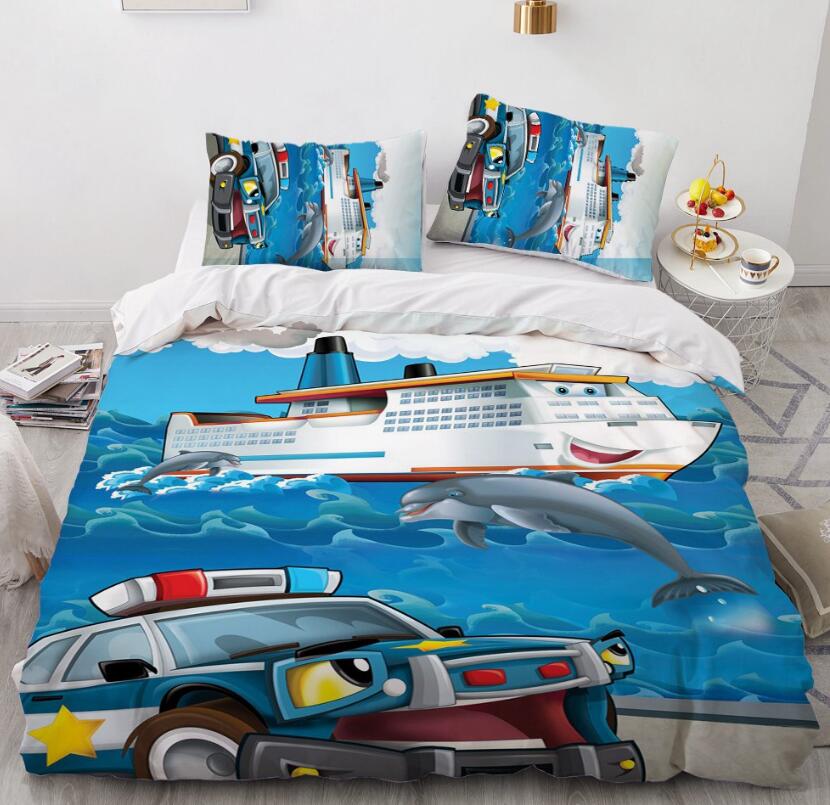 3D Cartoons Police Car Steamship 041 Bed Pillowcases Quilt