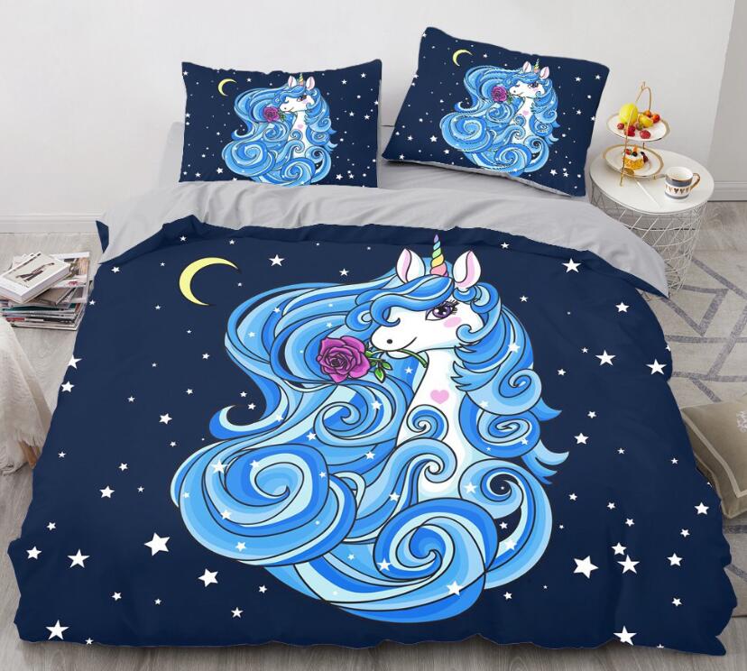 3D Blue Unicorn 144 Bed Pillowcases Quilt