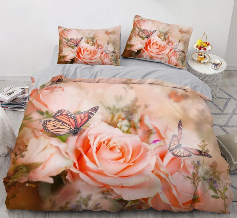 3D Flesh Rose Butterfly 9177 Bed Pillowcases Quilt