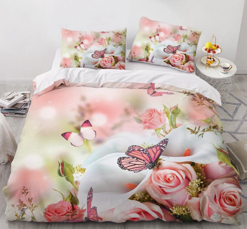 3D Pink Rose Butterfly 9181 Bed Pillowcases Quilt