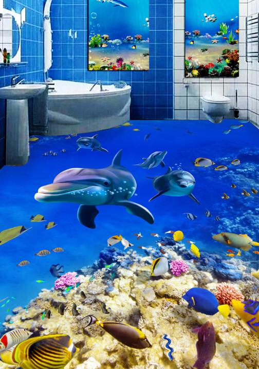 3D Dancing Fishes Floor Mural Wallpaper AJ Wallpaper 2