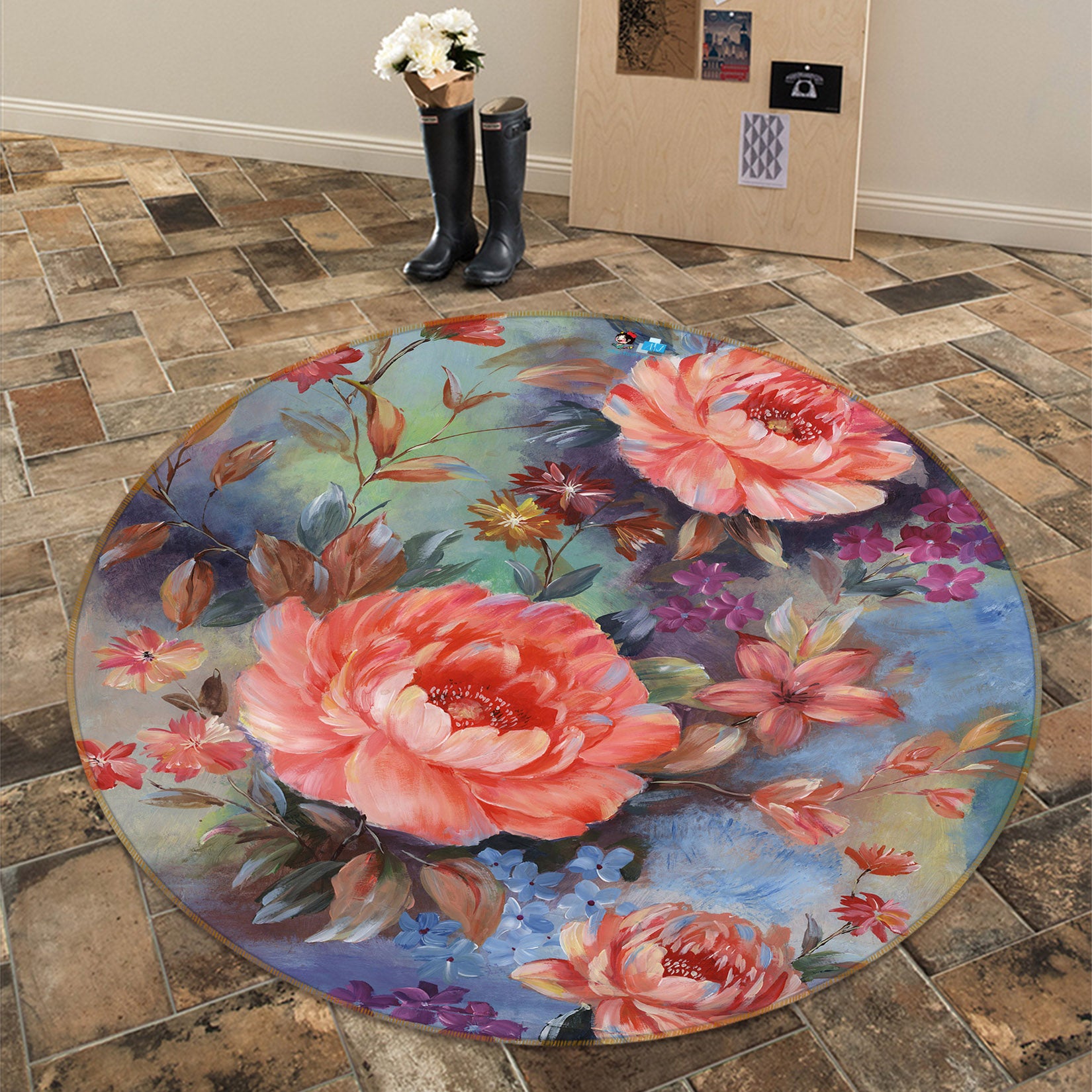 3D Flower Pattern 69088 Round Non Slip Rug Mat