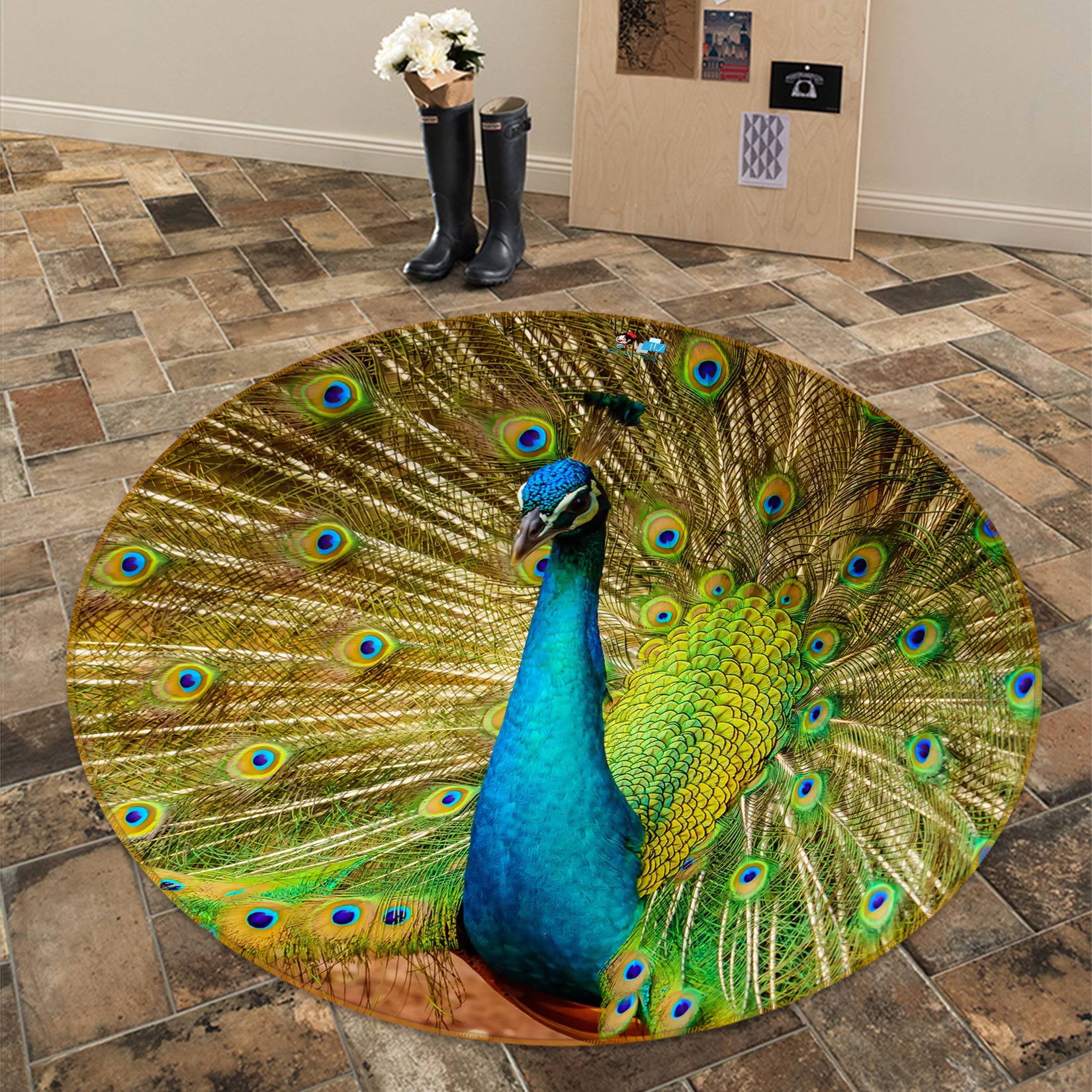 3D Peacock 81182 Round Non Slip Rug Mat