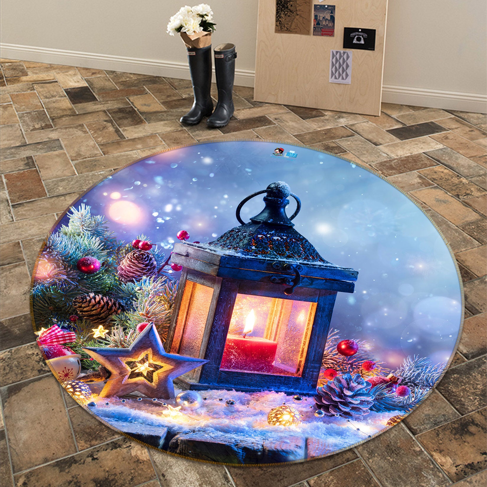 3D Candle Light 54210 Christmas Round Non Slip Rug Mat Xmas