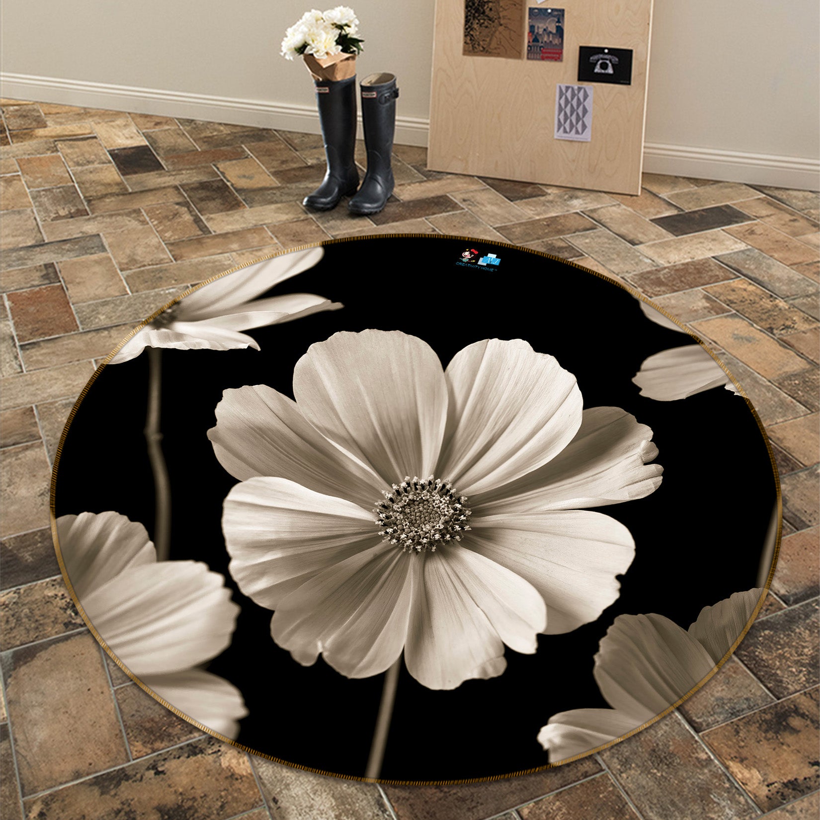 3D White Flowers 7307 Assaf Frank Rug Round Non Slip Rug Mat