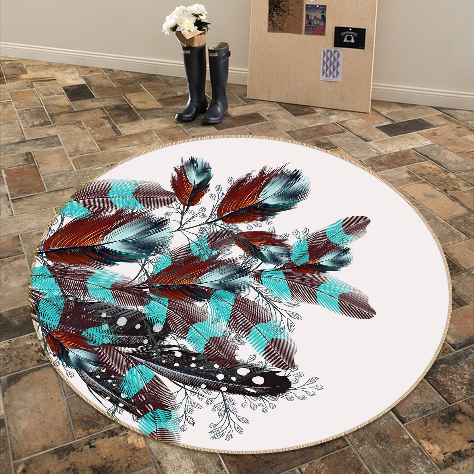 3D Feather 29095 Round Non Slip Rug Mat