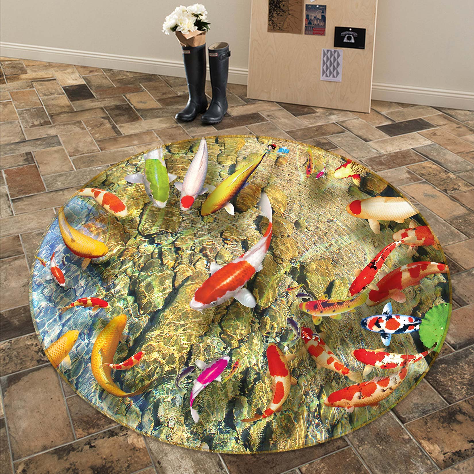 3D Lotus Leaf Carp 80265 Round Non Slip Rug Mat
