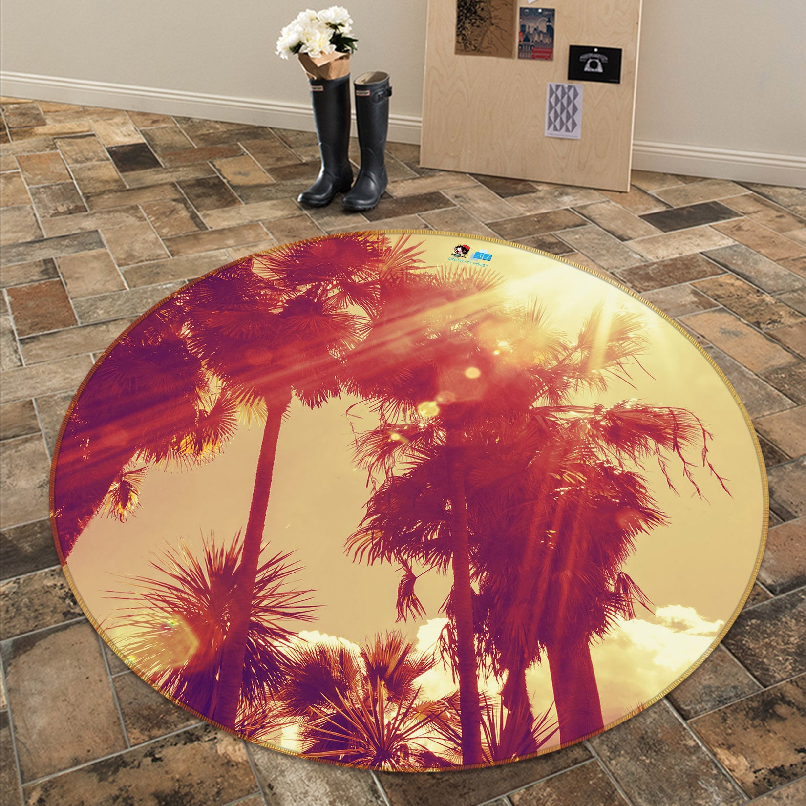 3D Coconut Tree 69056 Round Non Slip Rug Mat