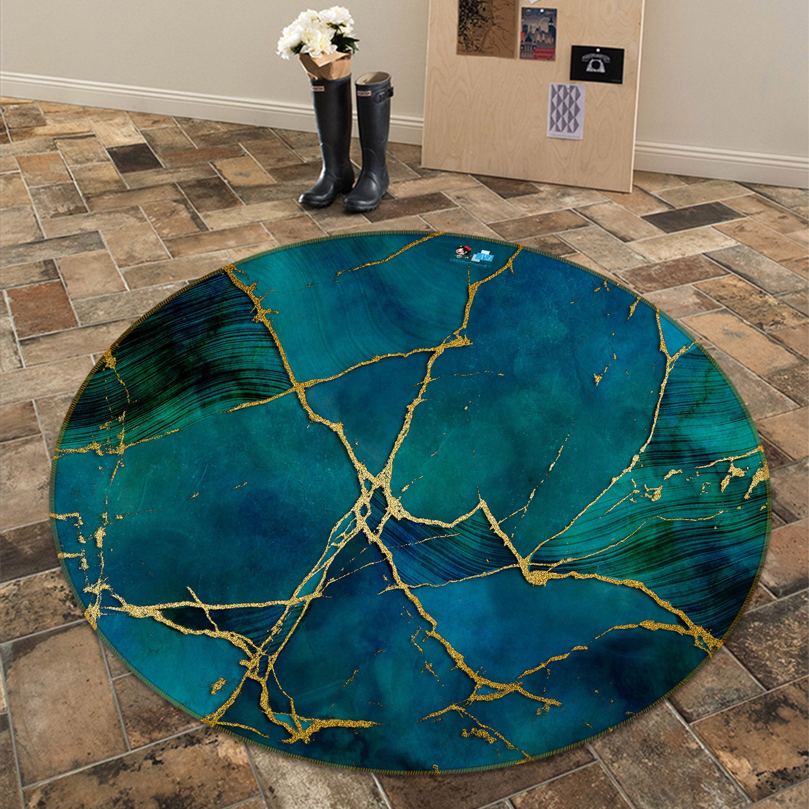 3D Phnom Penh Blue Block 83073 Andrea haase Rug Round Non Slip Rug Mat