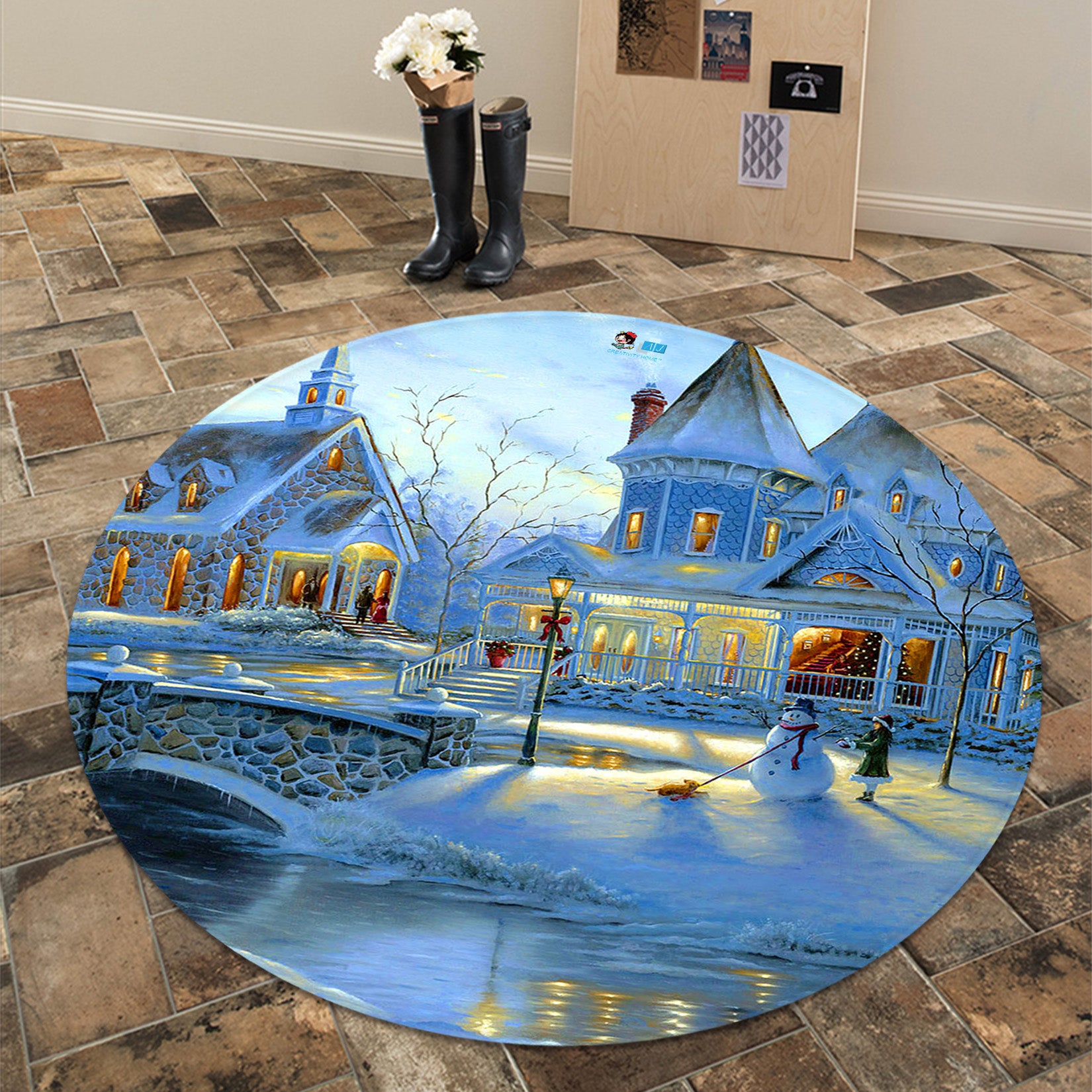 3D Snow House Bridge 65228 Christmas Round Non Slip Rug Mat Xmas