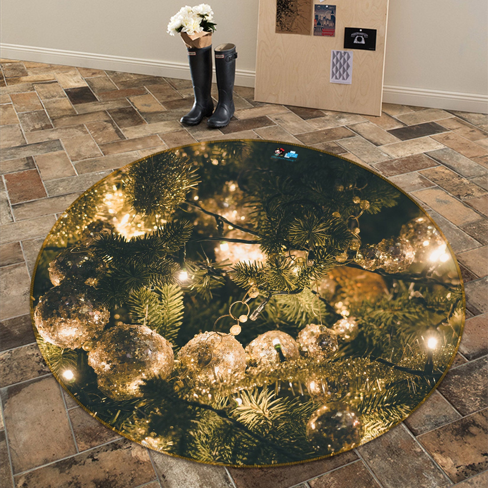 3D Tree Silver Ball 54148 Christmas Round Non Slip Rug Mat Xmas