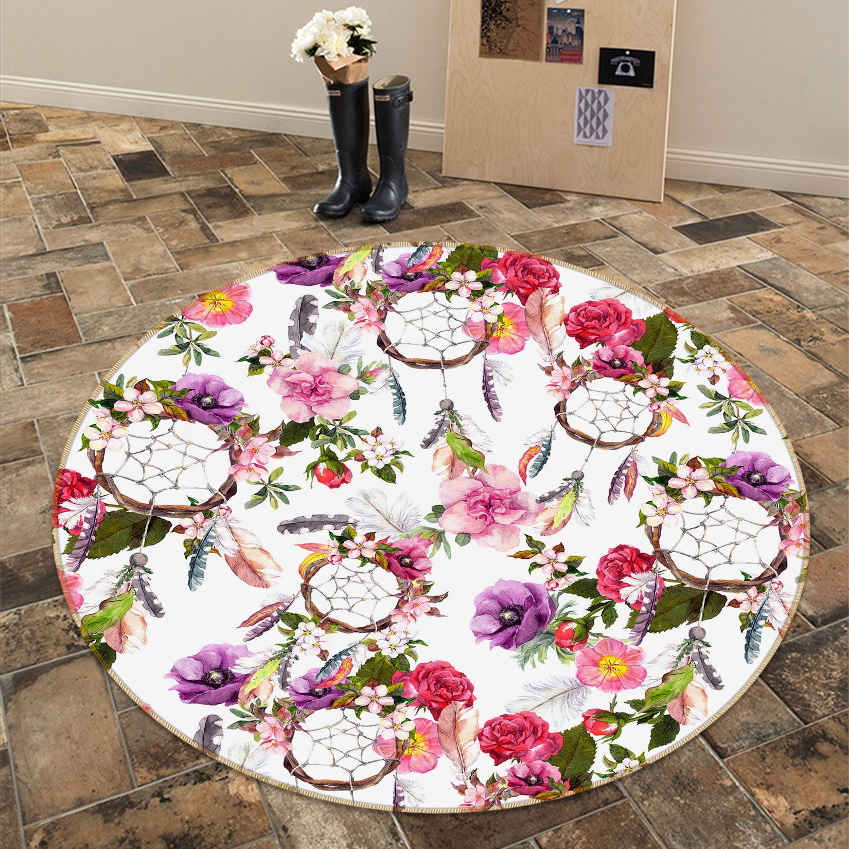 3D Flower Dream Catcher 29068 Round Non Slip Rug Mat