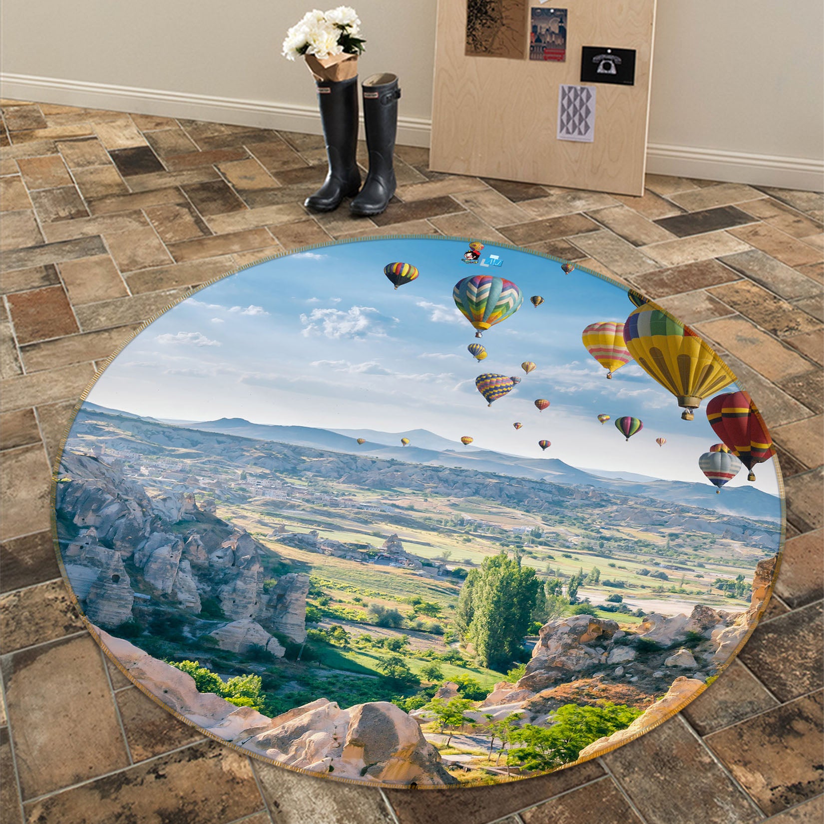 3D Mountains Hot Air Balloon 69193 Round Non Slip Rug Mat