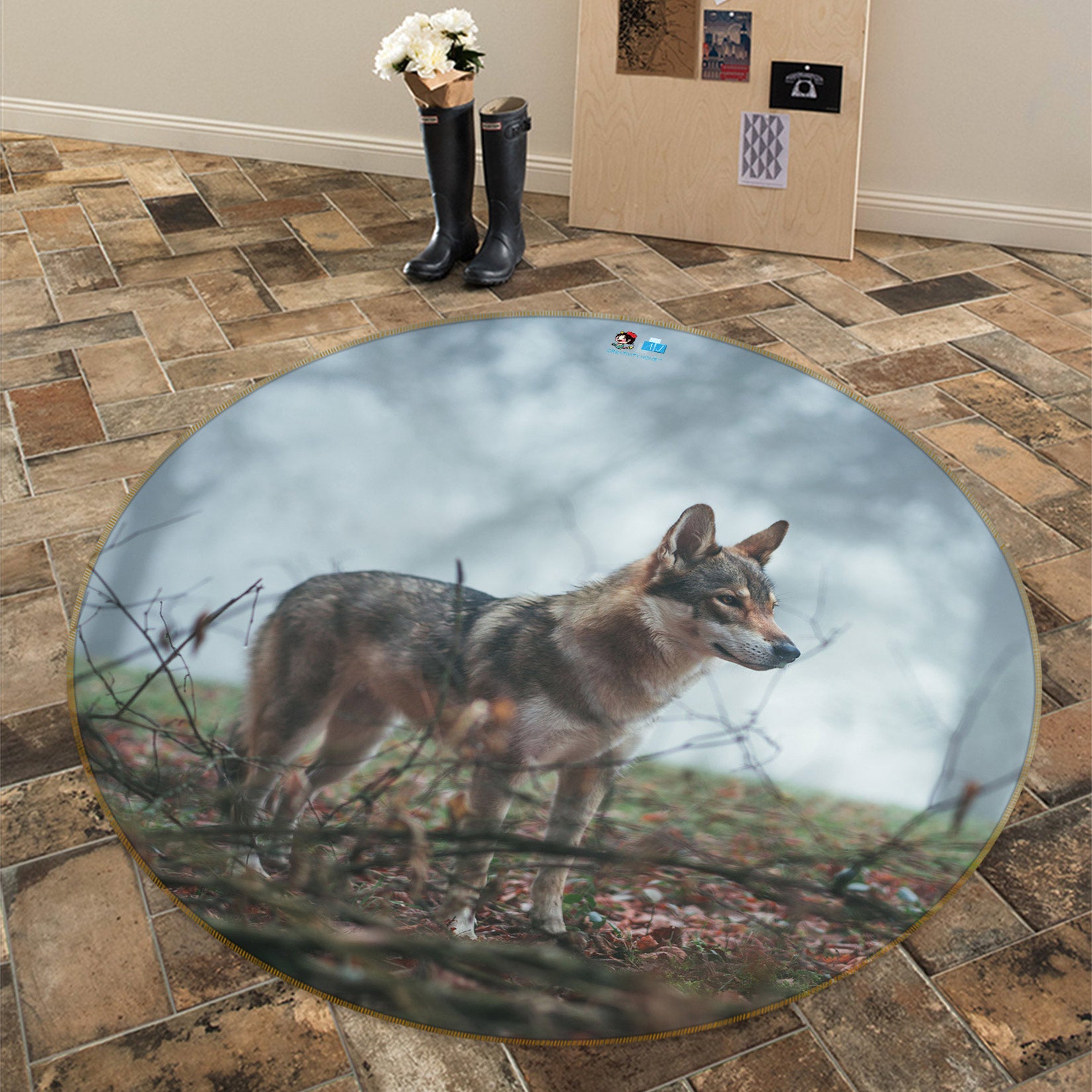 3D Wolf 81212 Round Non Slip Rug Mat