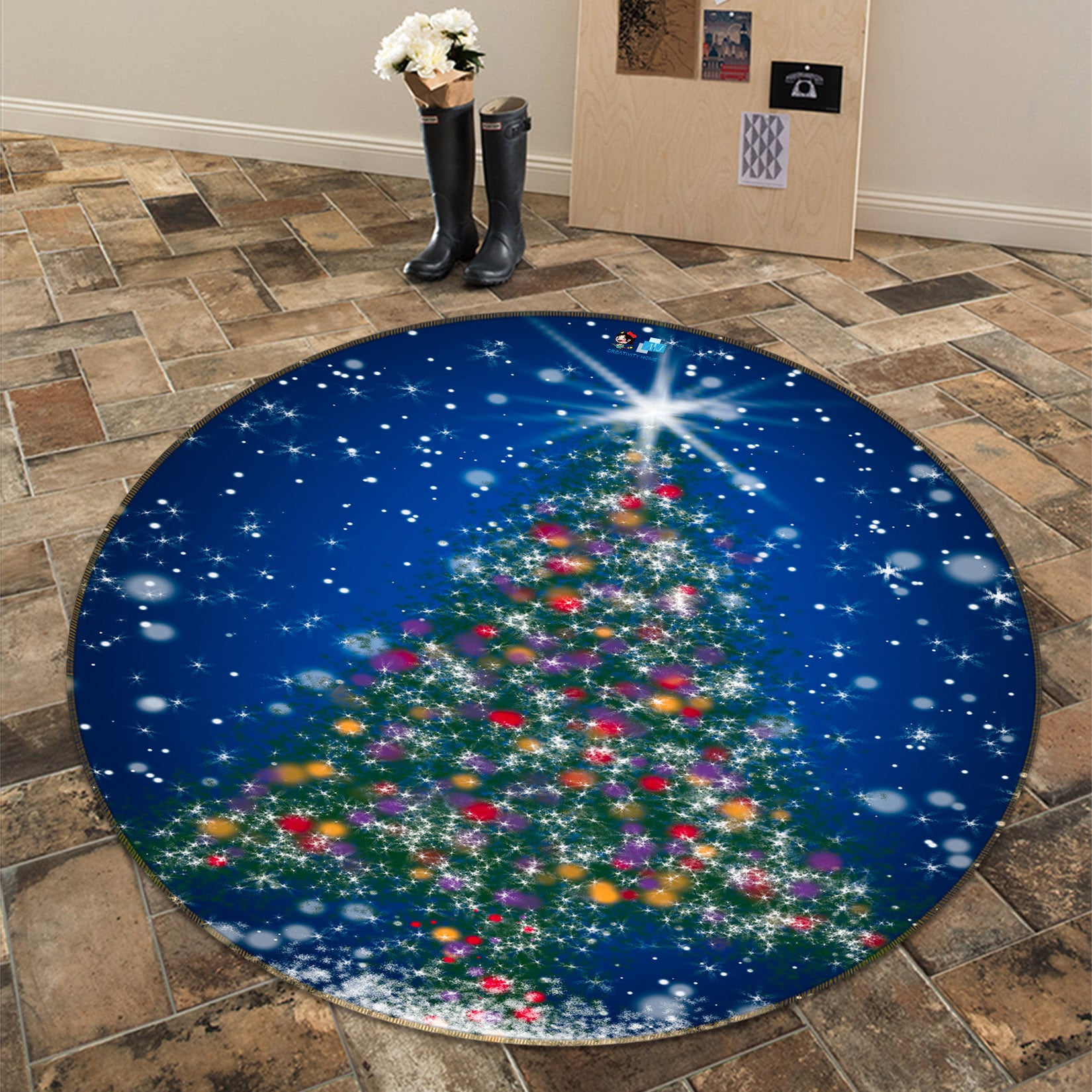 3D Tree 54125 Christmas Round Non Slip Rug Mat Xmas