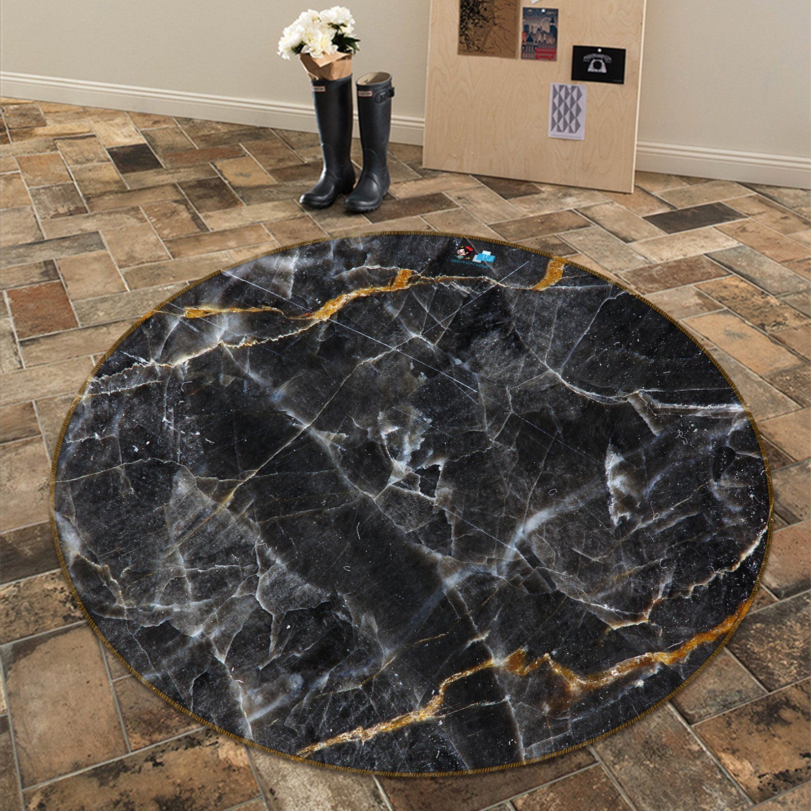 3D Stone Pattern Black 110 Round Non Slip Rug Mat Mat AJ Creativity Home