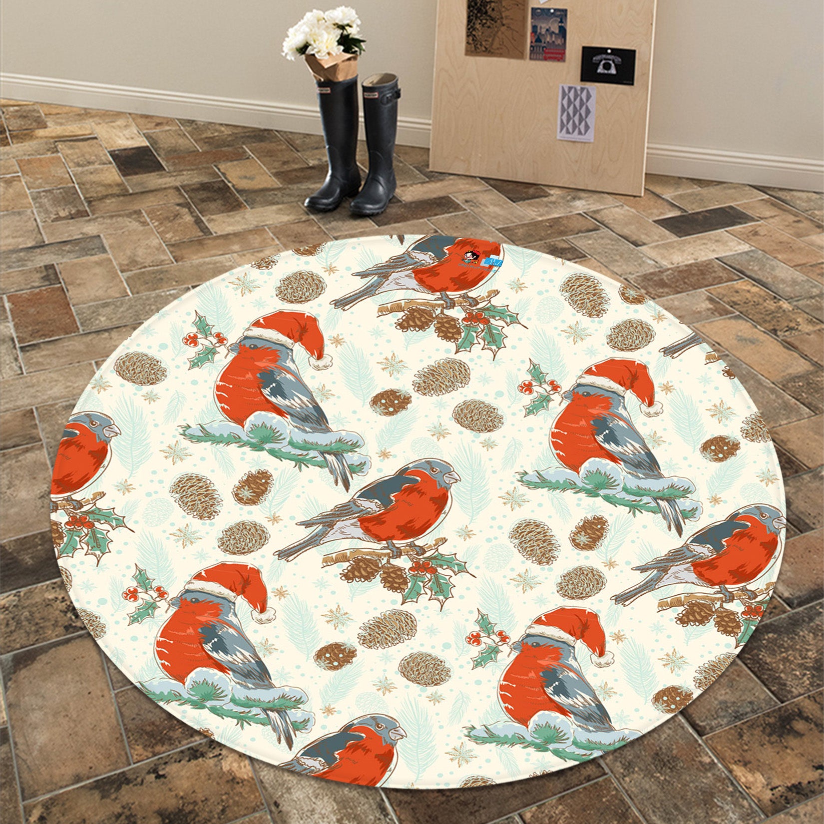 3D Bird Wearing Hat 66016 Christmas Round Non Slip Rug Mat Xmas