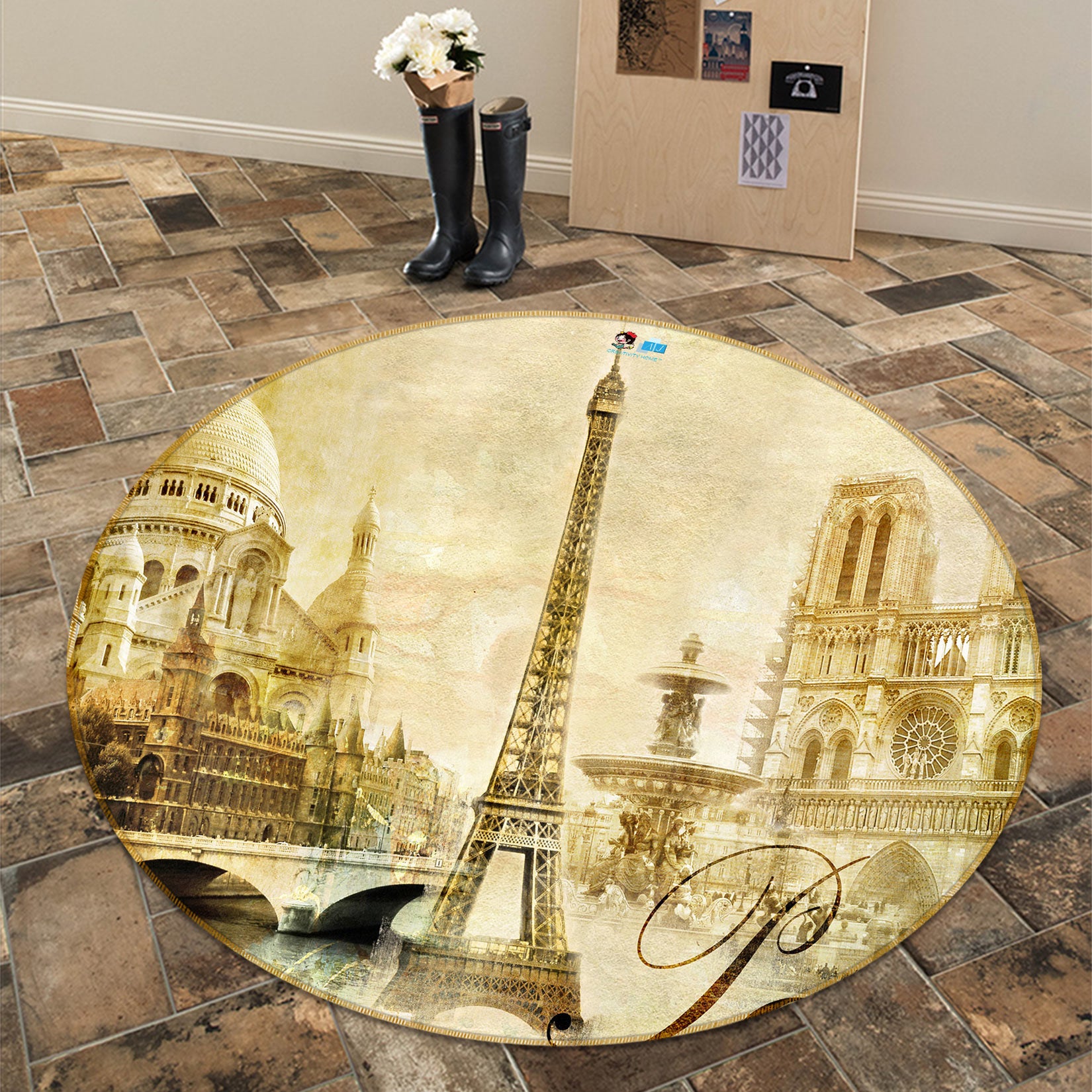 3D Vintage Eiffel Tower 80270 Round Non Slip Rug Mat