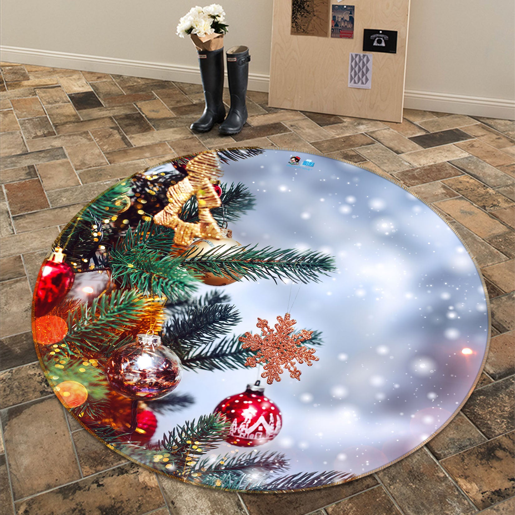3D Tree Pendant 54156 Christmas Round Non Slip Rug Mat Xmas